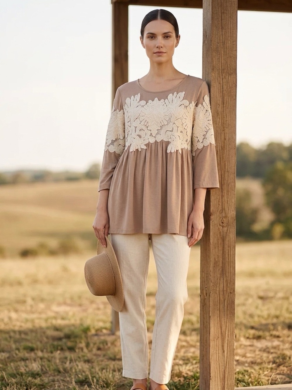 Umgee Taupe Crochet-Trim Peasant Top NWOT Size Large